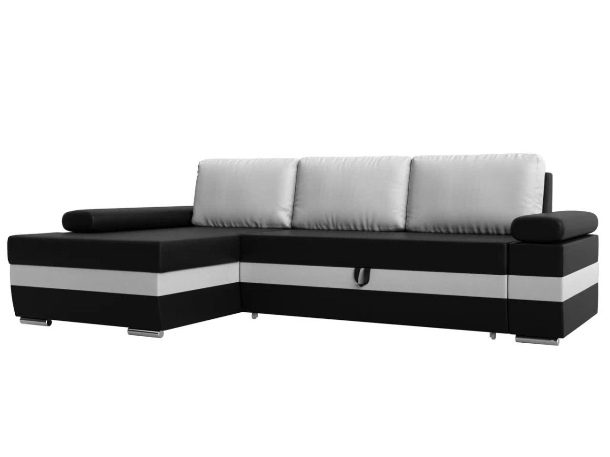 Угловой диван Канкун левый угол основа экокожа Чёрная, вставка экокожа Белая, подушки экокожа Белая