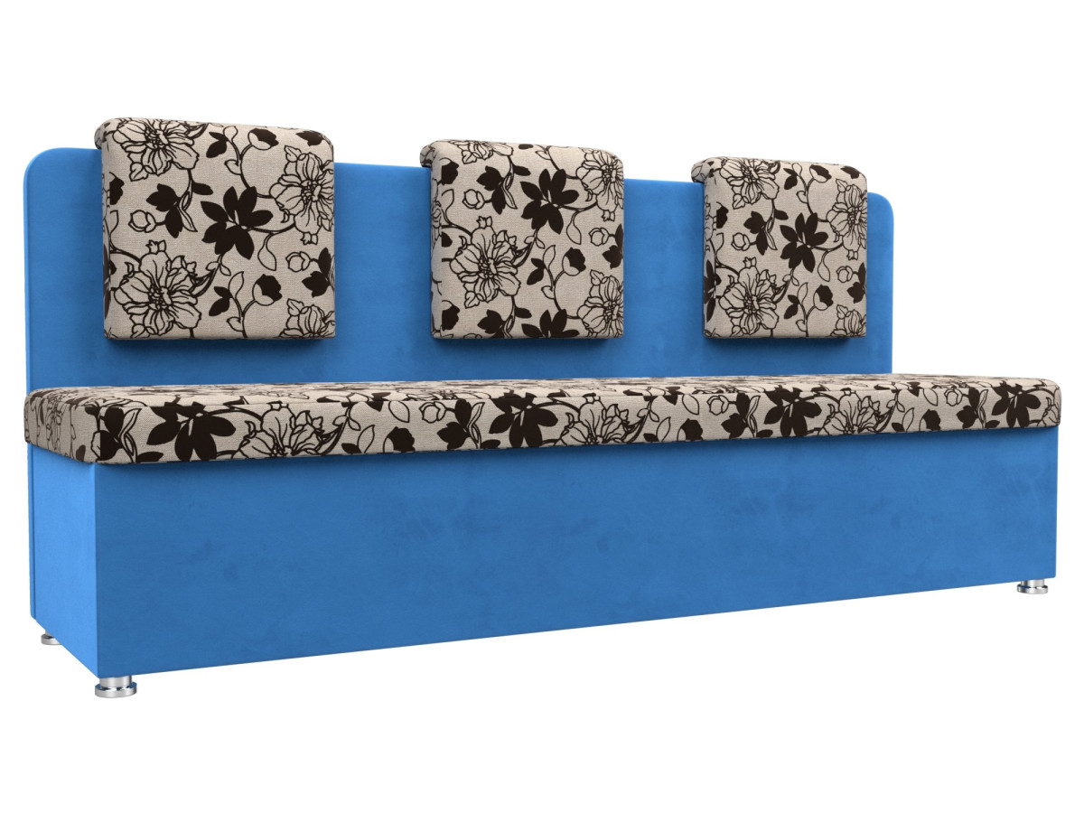 Кухонный прямой диван Маккон 3-х местный Рогожка/Велюр Цветы/Голубой