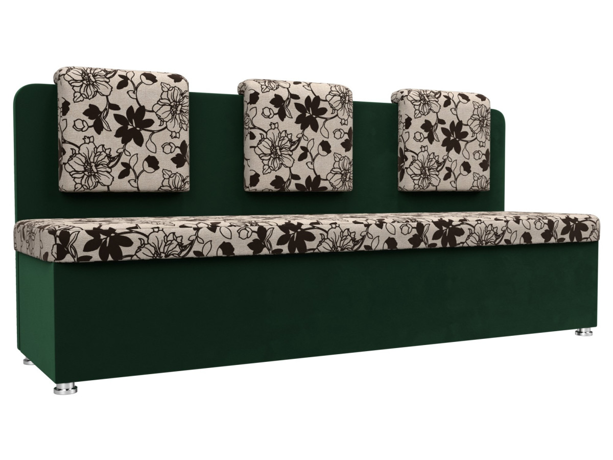 Кухонный прямой диван Маккон 3-х местный Рогожка/Велюр Цветы/Зелёный