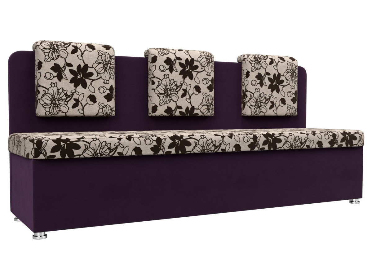 Кухонный прямой диван Маккон 3-х местный Рогожка/Велюр Цветы/Фиолетовый