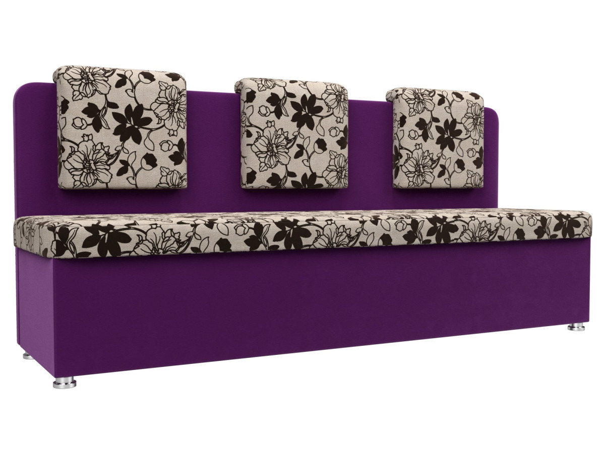 Кухонный прямой диван Маккон 3-х местный Рогожка/Микровельвет Цветы/Фиолетовый