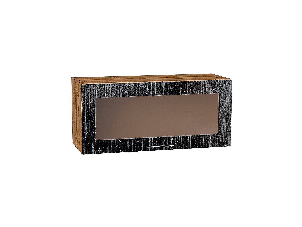 Шкаф верхний горизонтальный остекленный Валерия-М Черный металлик дождь Дуб Вотан 358*800*318