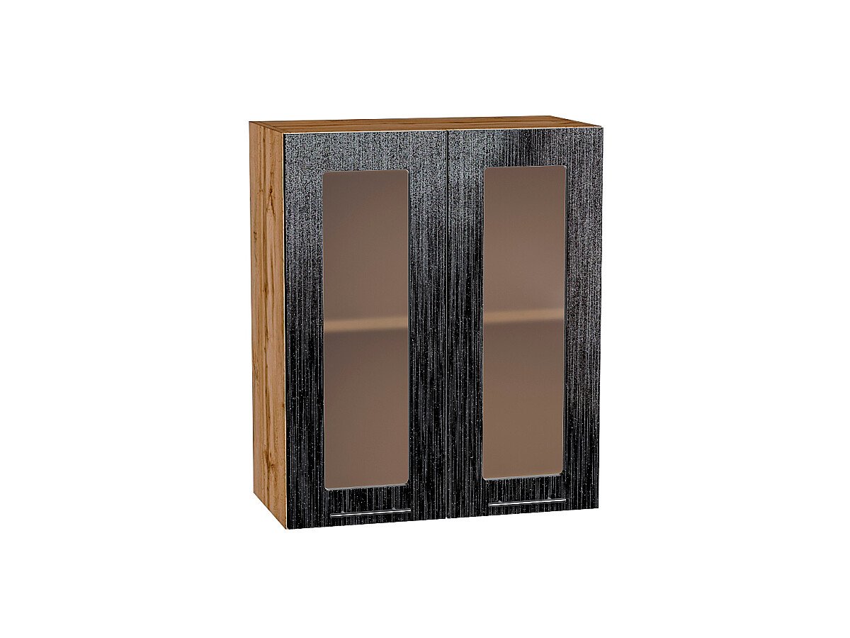 Шкаф верхний с 2-мя остекленными дверцами Валерия-М Черный металлик дождь Дуб Вотан 716*600*318