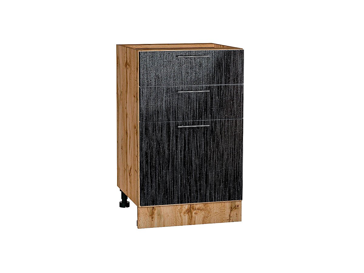 Шкаф нижний с 3-мя ящиками Валерия-М Черный металлик дождь Дуб Вотан 816*500*478