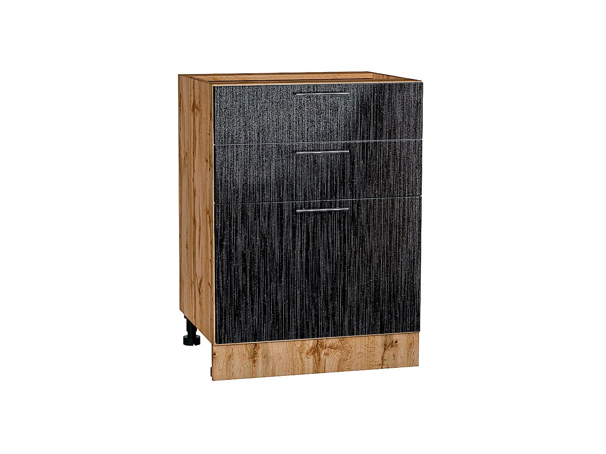 Шкаф нижний с 3-мя ящиками Валерия-М Черный металлик дождь Дуб Вотан 816*600*480