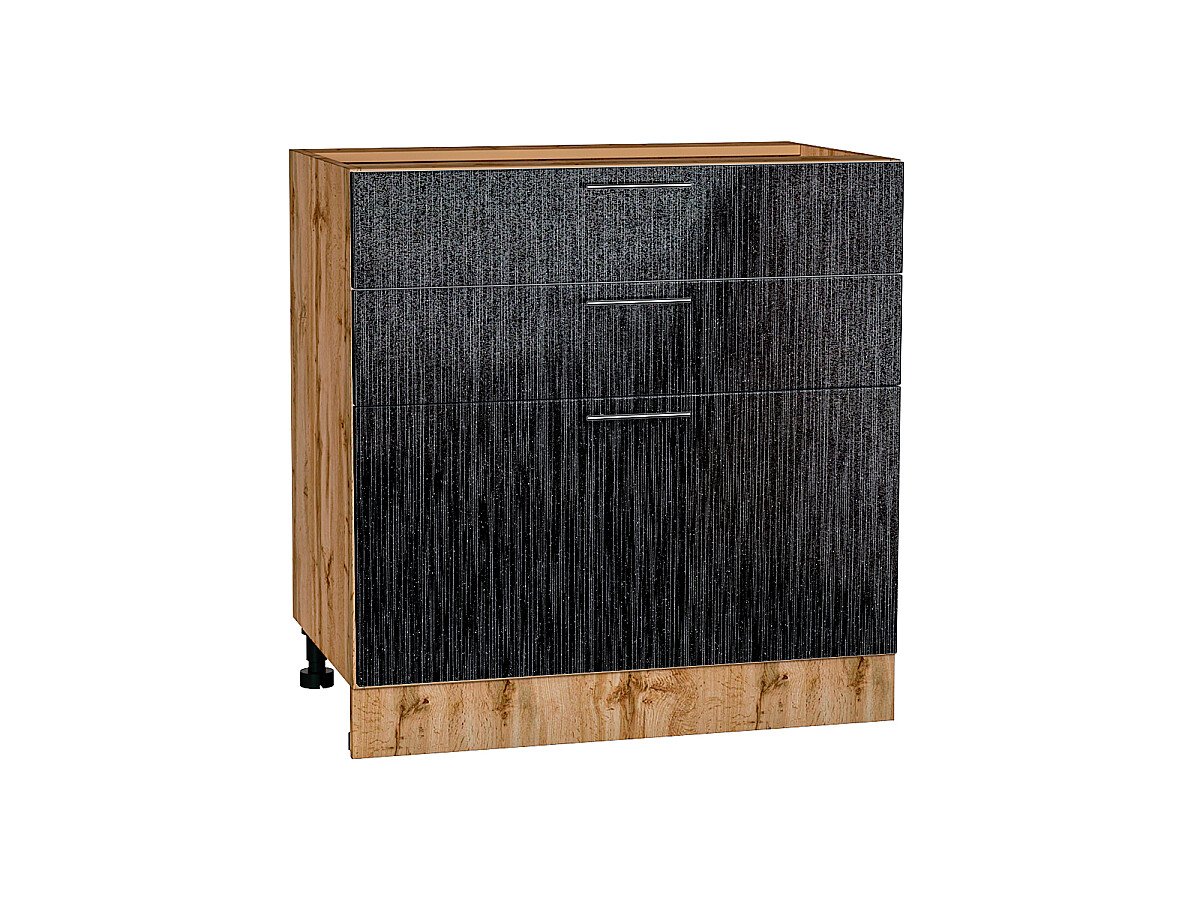 Шкаф нижний с 3-мя ящиками Валерия-М Черный металлик дождь Дуб Вотан 816*800*478