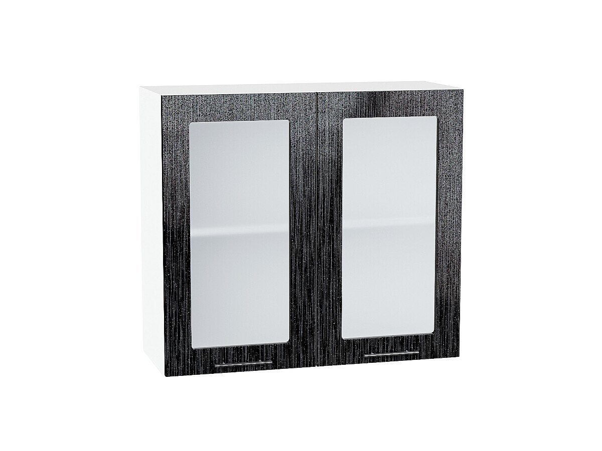 Шкаф верхний с 2-мя остекленными дверцами Валерия-М Черный металлик дождь Белый 716*800*318