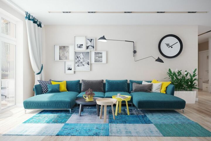 Бирюзовый диван в интерьере гостиной, кухни и других комнат: лучшиесочетания, шторы, 50+ фото
