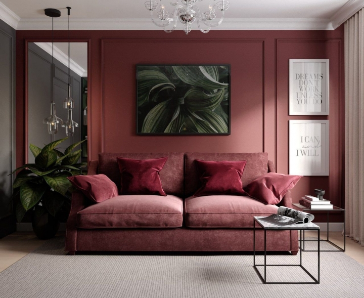 Дизайн интерьера гостиной в цвете марсала