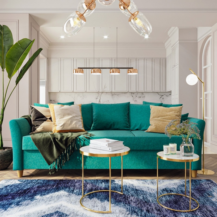 Освещение в гостиной с диваном цвета морской волны