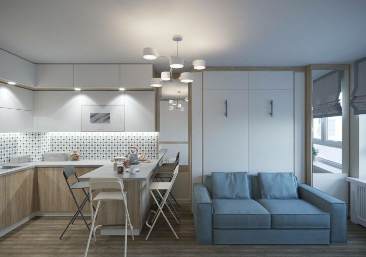 Дизайн современной кухни-гостиной площадью 15 кв. м.