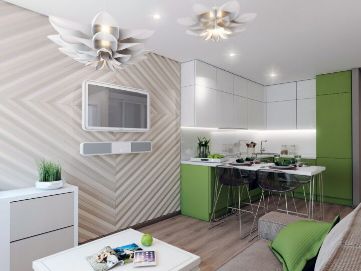 Дизайн гостиной с зоной кухни (80 фото)