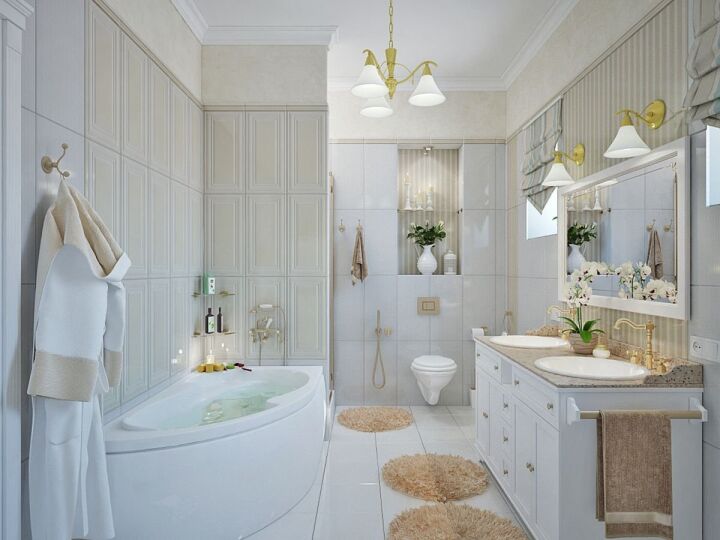 Шикарный интерьер ванной комнаты с золотой мозаикой