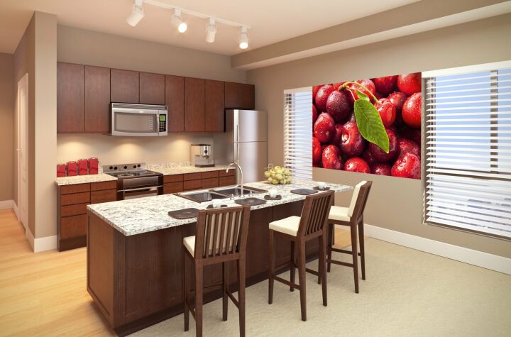 Фотообои с натюрмортом с вишнями в интьерьере современной кухни
