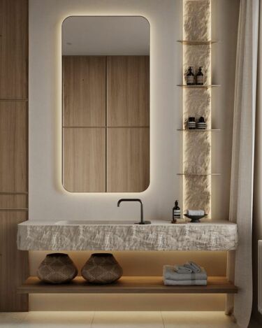 Керамогранит и плитка под мрамор в интерьере ванной