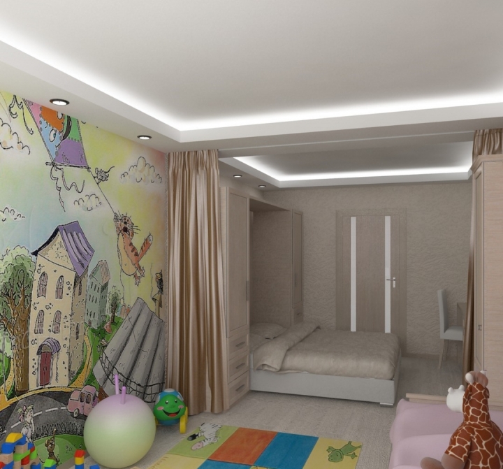 Детская комната разделена на зоны с помощью штор