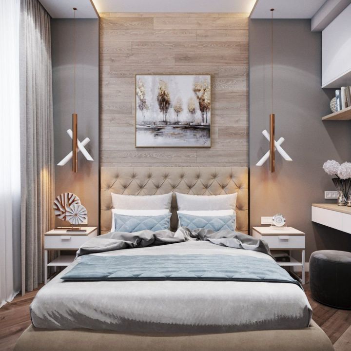 Маленькая спальня с использованием светлого оттенка голубого