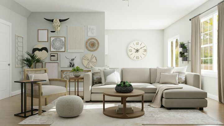 Интерьер светлой гостиной с раздвижным диваном и другой необходимой мебелью