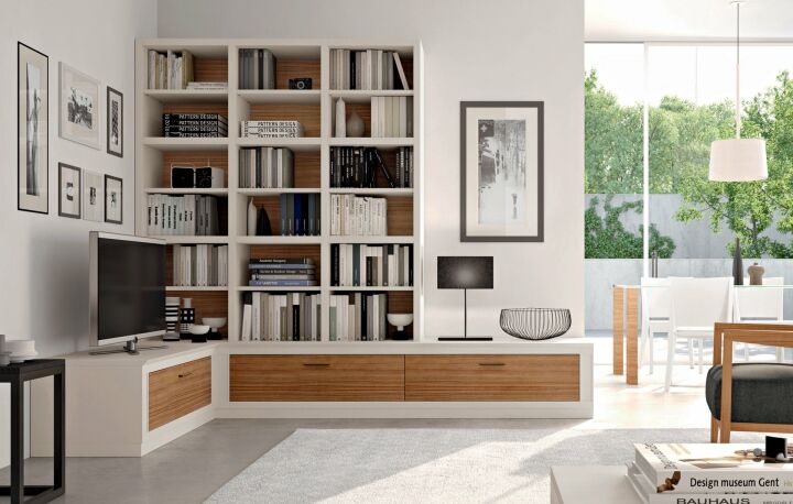 Дизайн современных книжных шкафов для гостиной: фото интерьеров
