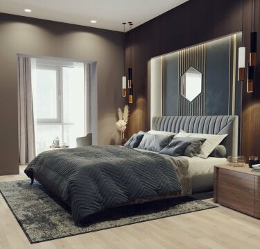 Сочетание серого и коричневого в интерьере спальни