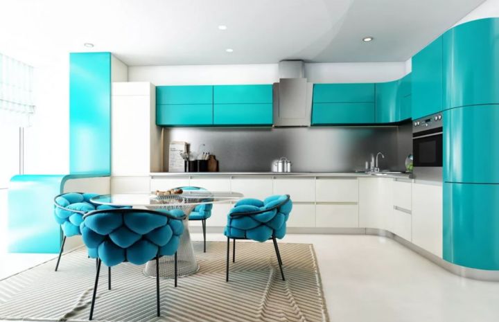 Бирюзовый цвет в интерьере кухни (65 фото)