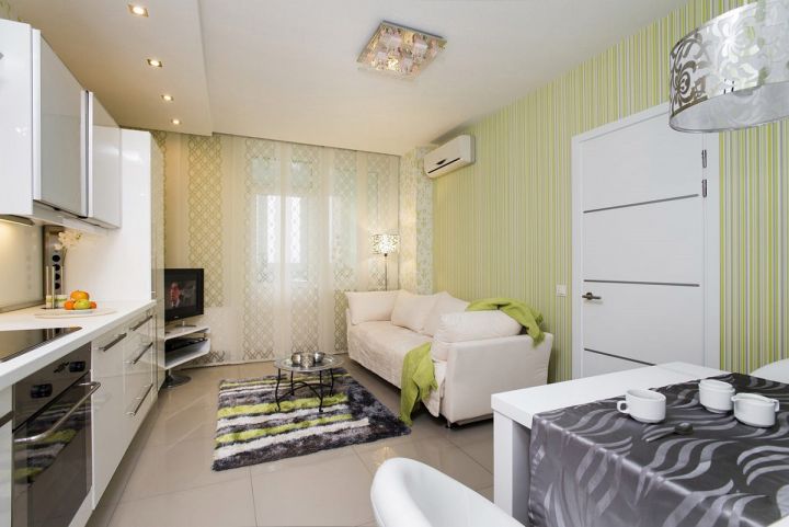 Дизайн кухни 12,9 кв. м со спальным местом в однокомнатной квартире