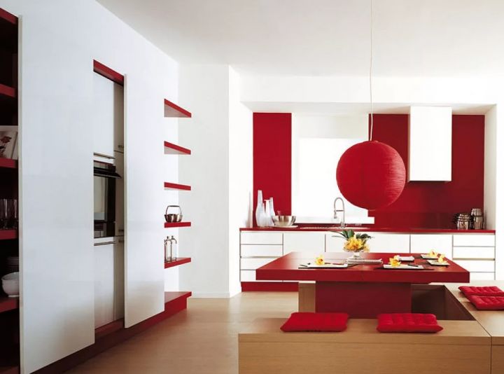 Красный цвет в интерьере кухни (76 фото)