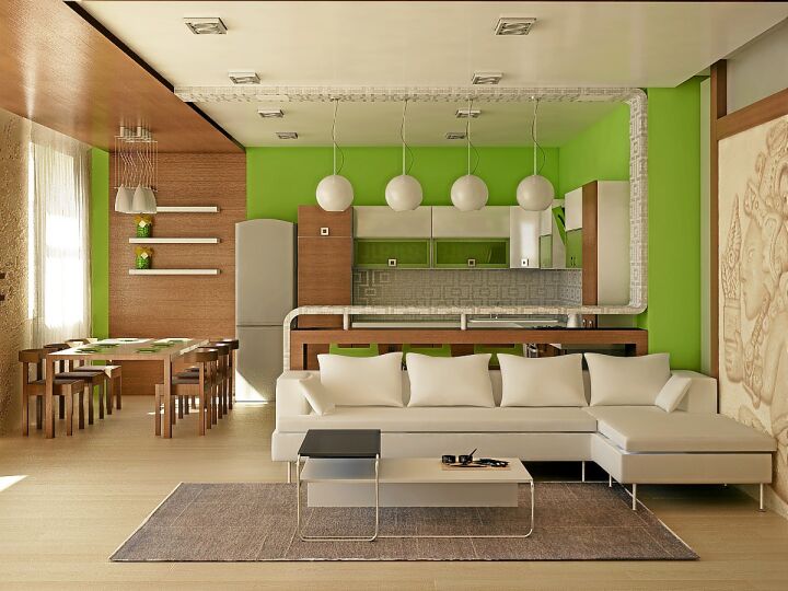 Яркое цветовое решение интерьера совмещенных кухни и гостиной в квартире