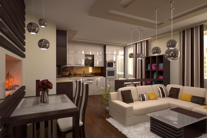 Интерьер совмещенной с кухней гостиной в квартире