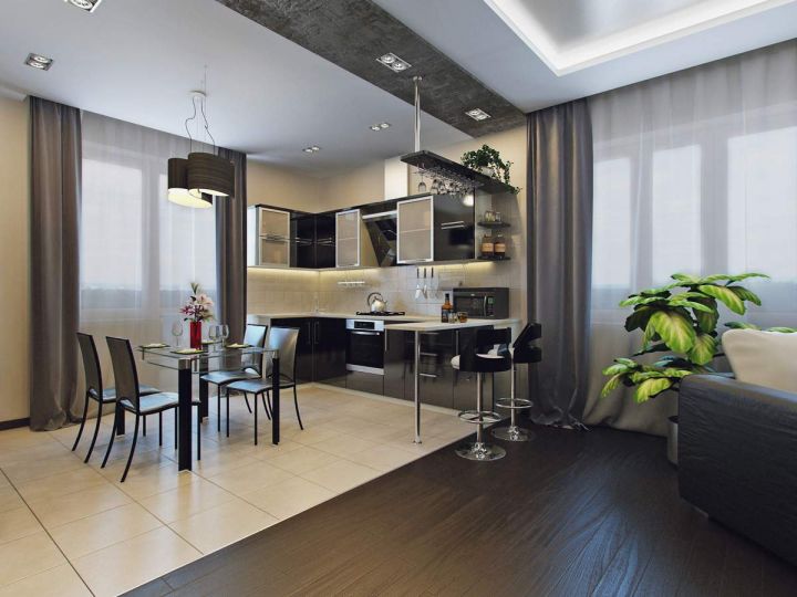 Дизайн интерьера кухни, совмещенной со столовой и гостиной в частном доме с фото