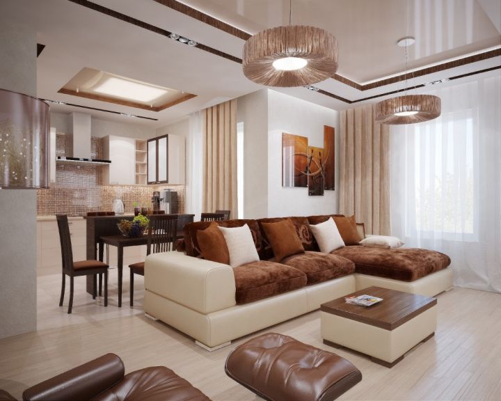 Дизайн гостиной с коричневым диваном