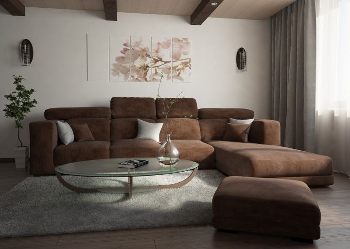 Уютные решения для зала – роскошный диван-трансформер и пушистый серый ковер