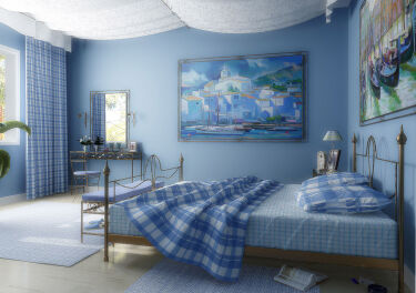 Голубой в интерьере спальни