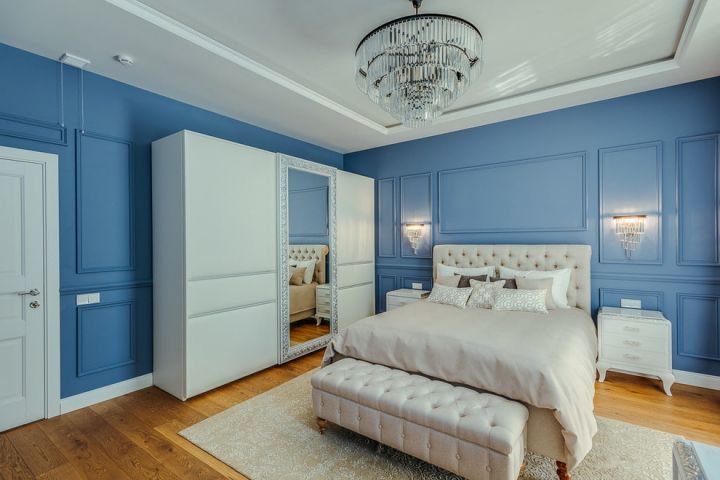 Серо голубая спальня (78 фото)