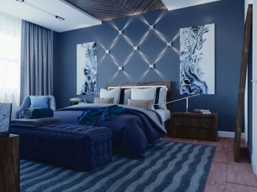Синяя кровать в интерьере спальни (65 фото)