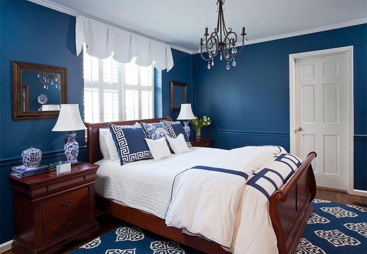 Дизайны стилей спален в синем цвете