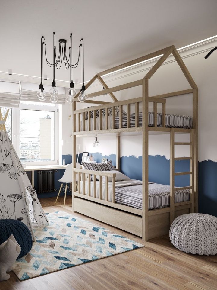 Детская комната в Сканди стиле с двухъярусной кроватью 