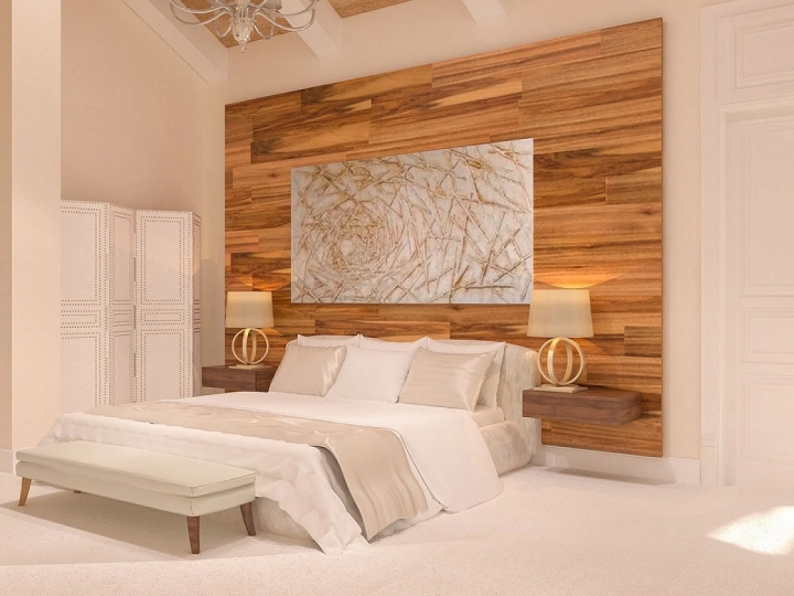 Стеновая панель из дерева в спальне