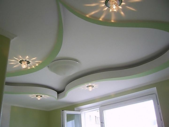 Дизайн потолка из гипсокартона в зале - 74 фото
