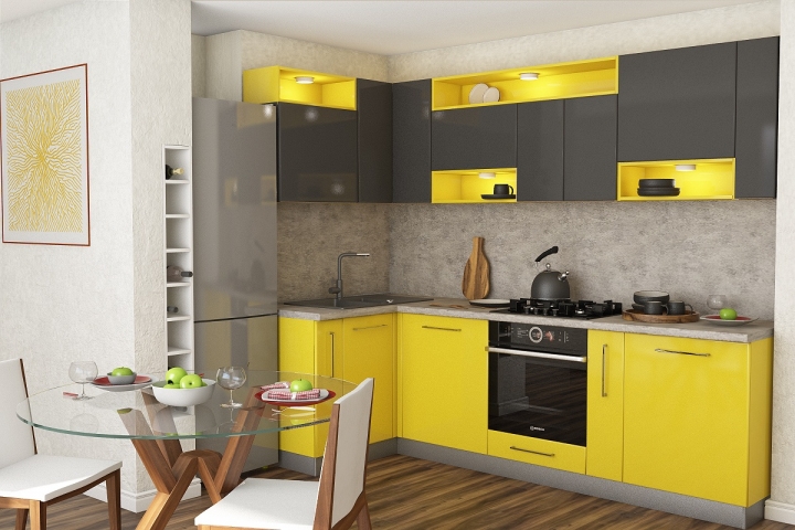 Серо-желтая угловая кухня